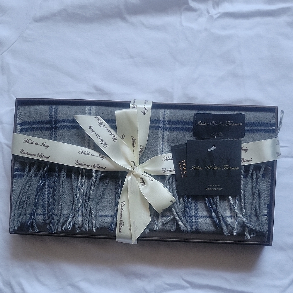 Blue and Gray Plaid Cashmere Blend Scarf